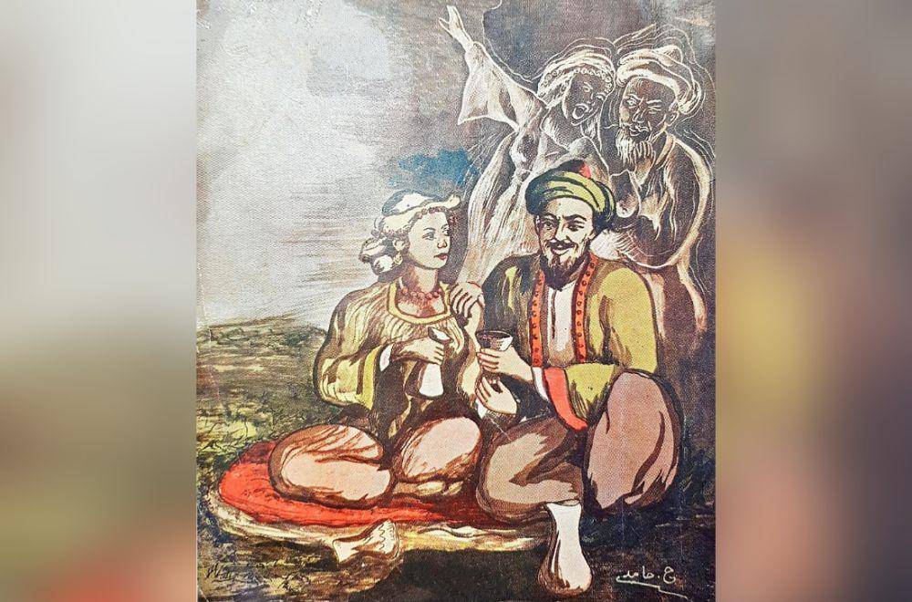 lukisan yang mengilustrasikan Abu Nawas sedang dengan seorang gadis dalam buku Abu Nuwas fi Mabadhilih wa Hayatihi al-lahiya (commons.wikimedia.org/Hamid)