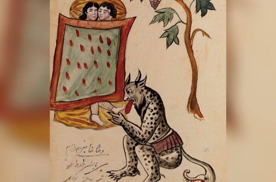 ilustrasi yang menggambarkan jin dan manusia dalam lukisan Palis dari Kitāb-i ʻAjāʾib-i makhlūqāt, 1921 (commons.wikimedia.org/AimanAbir18plus)