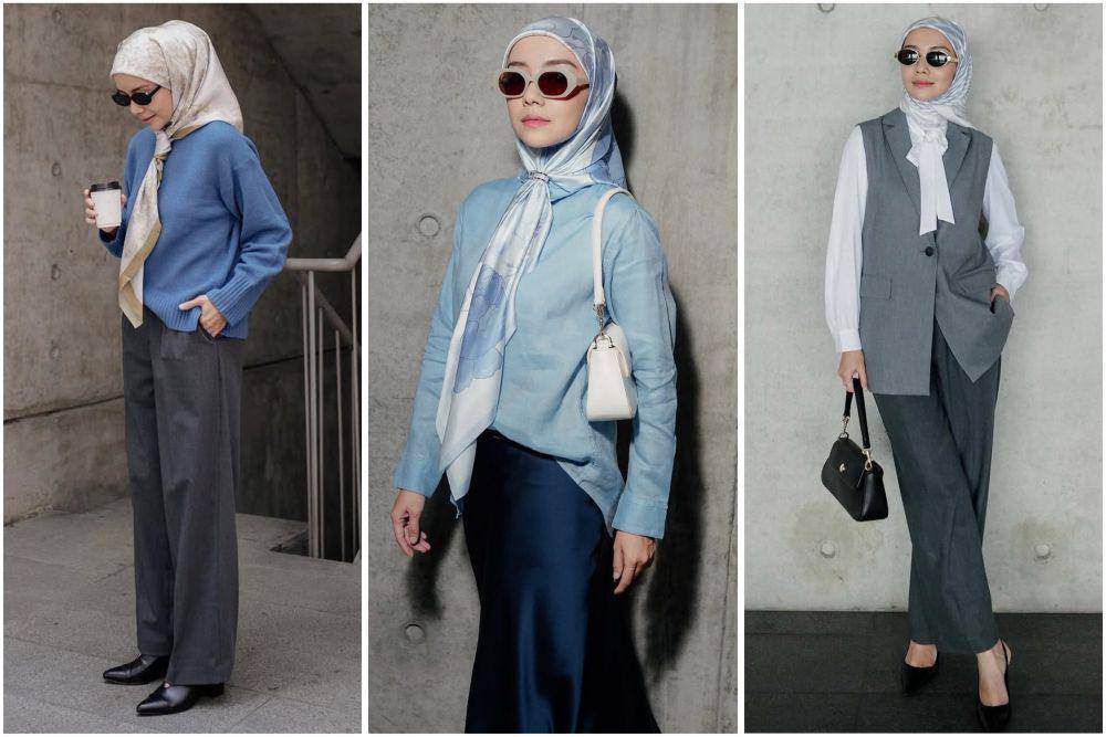 potret ide OOTD casual hijab nuansa gelap yang bold ala Mira Filzah
