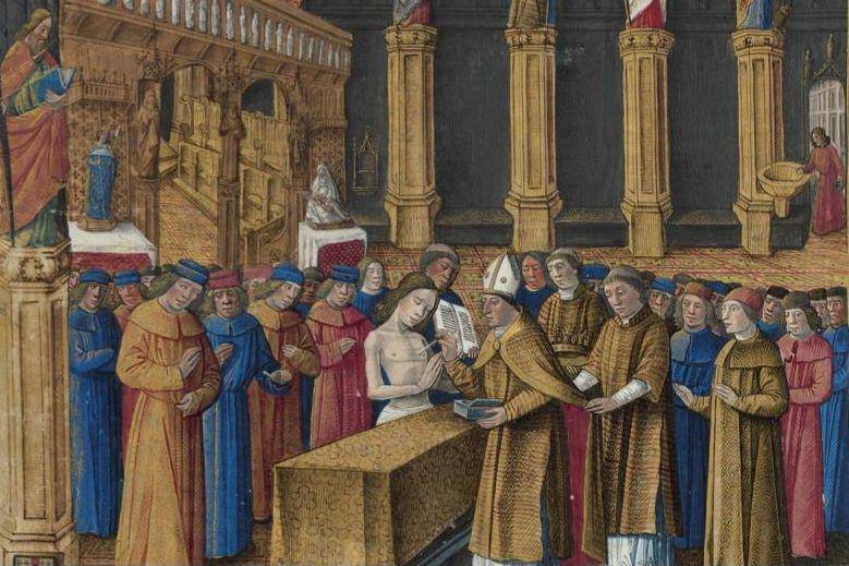 pengurapan Baldwin IV dari Yerusalem (commons.wikimedia.org/Sébastien Mamerot dan Jean Colombe)
