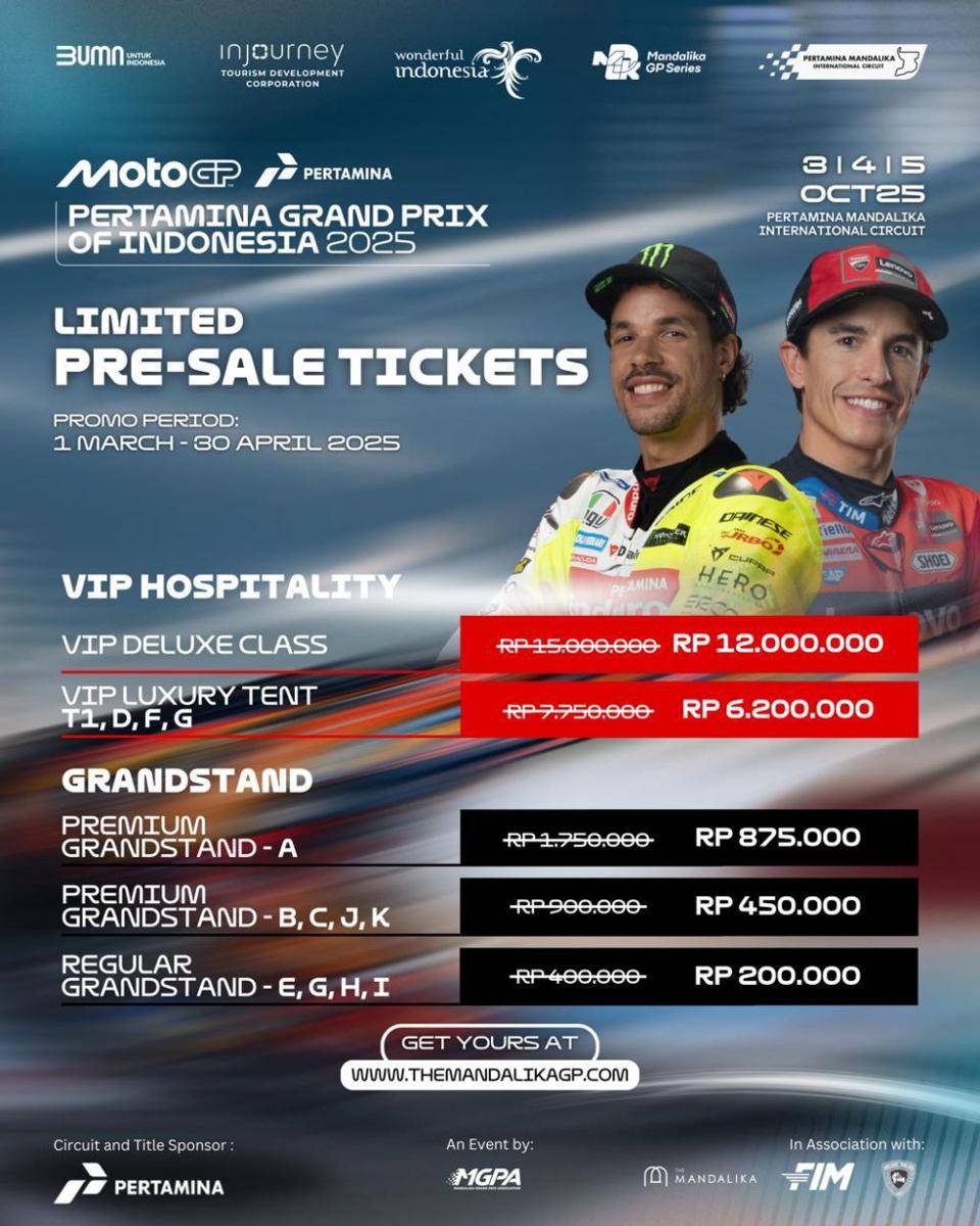 Daftar harga tiket Presale 1 MotoGP Mandalika 2025. (dok. MGPA)