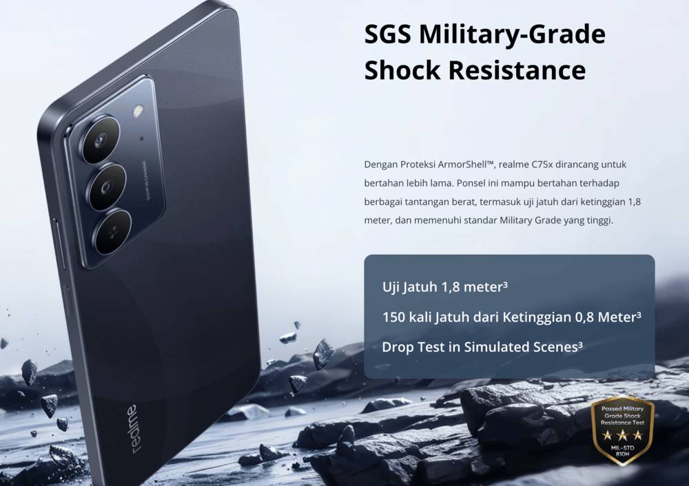 realme C75x tampil menawan berkat sertifikasi SGS Military-Grade Shock Resistance MIL-STD-810H (realme.com)