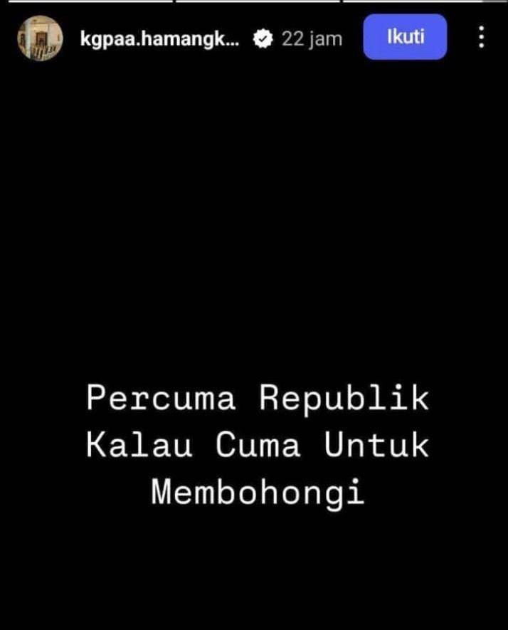 Stories KGPAA Hamungkunegoro di Instagram. (Dok/Istimewa)