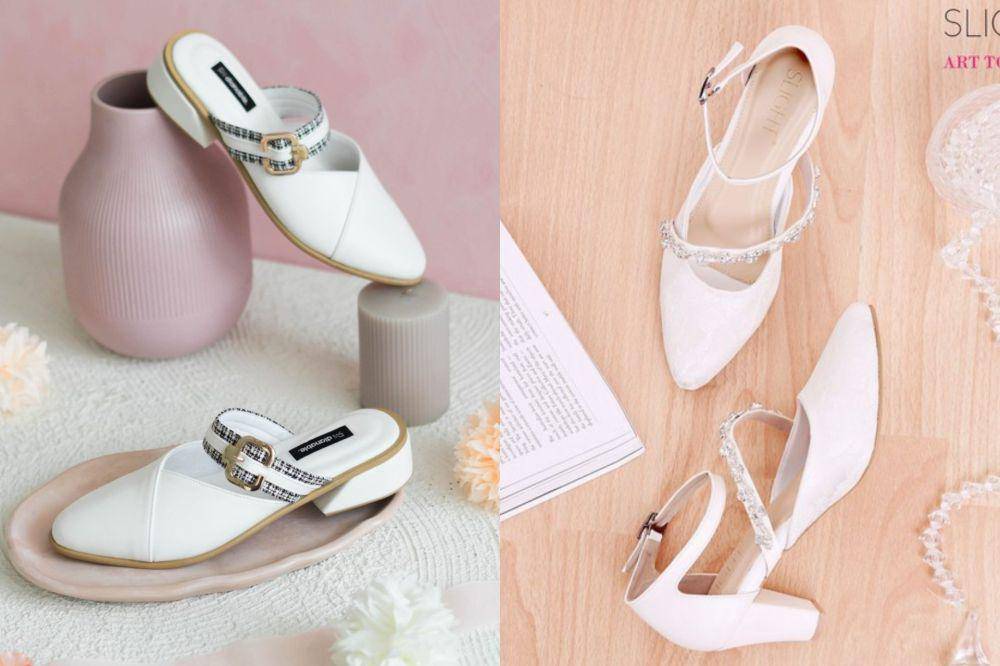 Rekomendasi heels putih brand lokal untuk Lebaran (shopee.co.id/Dianable Official Shop | shopee.co.id/SLIGHT SHOES Official Shop)