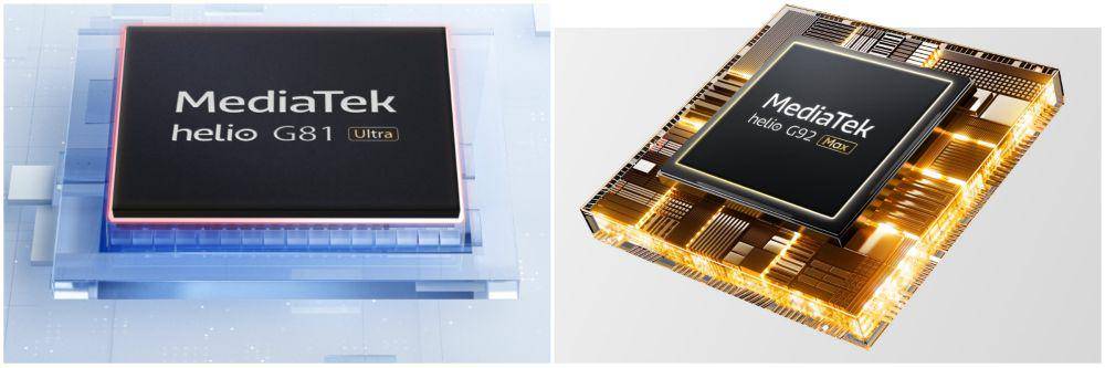 ilustrasi prosesor MediaTek Helio G81 Ultra (kiri) dan MediaTek Helio G92 Max (kanan) (realme.com)