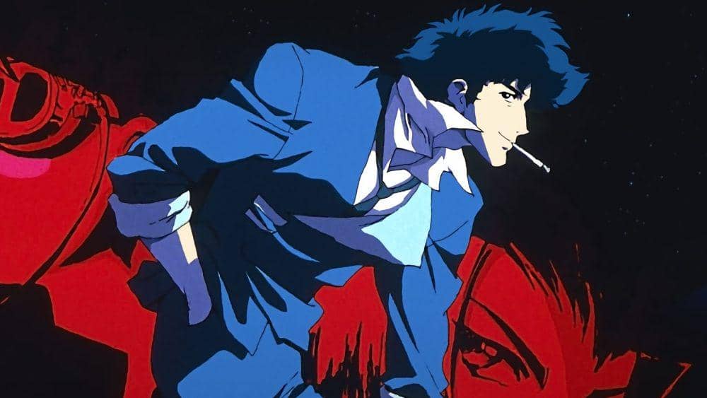 Karakter utama anime Cowboy Bebop mengenakan setelan biru dengan rokok di mulutnya, berdiri dengan latar belakang berwarna merah dan hitam.