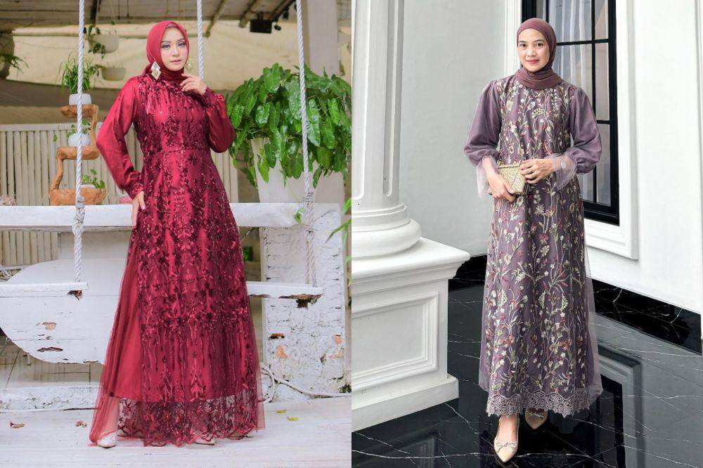 Model gamis kebaya brokat untuk Lebaran 2025. (shopee.co.id/Vanriz Kebaya Official Store | shopee.co.id/Molley Attire)