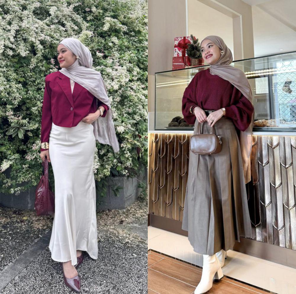 7 Inspirasi Hijab Outfit Nuansa Merah ala Olivia Putri, Playful!