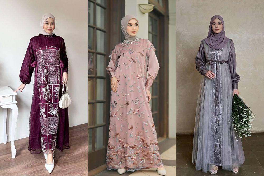 Model gamis brokat kombinasi tin untuk Lebaran 2025. (shopee.co.id/Dezhafhijab) | (instagram.com/vanillahijab) | (shopee.co.id/EVOLVERE)