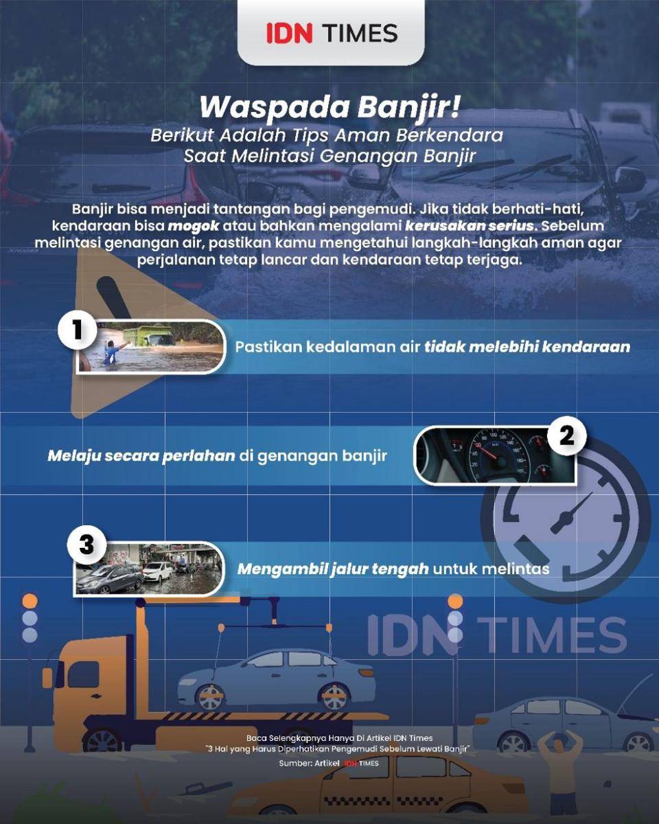 Infografis tips aman berkendara saat melintasi genangan banjir. IDN Times/Mohammad Rakan.