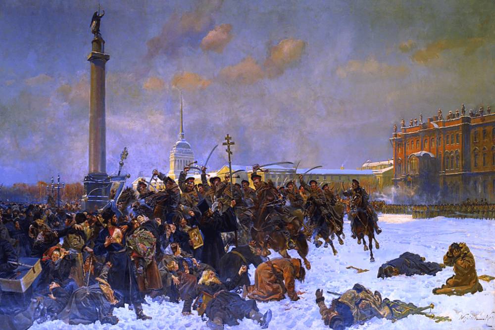 ilustrasi pembantaian terhadap pengunjuk rasa damai yang memicu Revolusi Bolshevik (commons.wikimedia.org/Wojciech Kossak)