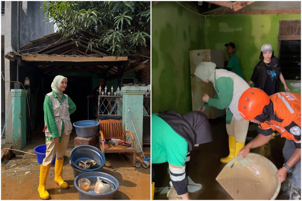 7 Potret Zaskia Mecca Bantu Anggota Tim Bersihkan Rumah karena Banjir