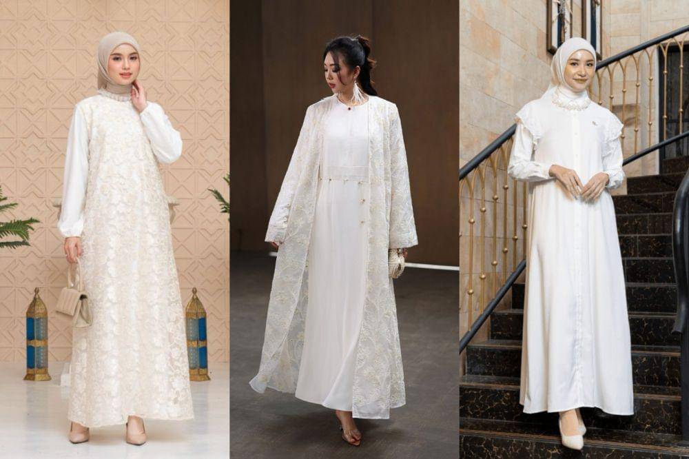 Rekomendasi dress putih untuk Lebaran 2025 (shopee.co.id/florimia | shopee.co.id/corliss.ind | shopee.co.id/Louisaluna Official Shop)