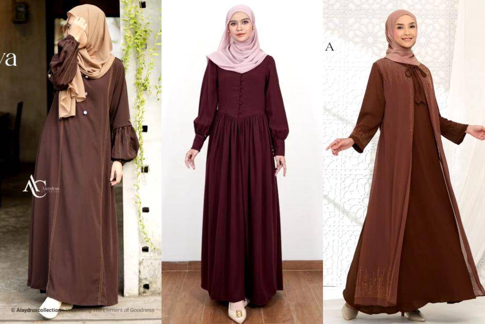 Gamis cokelat mahogany (shopee.id/MARAYA official store | shopee.id/EVOLVERE | shopee.id/Alaydrus Collection Official Store)