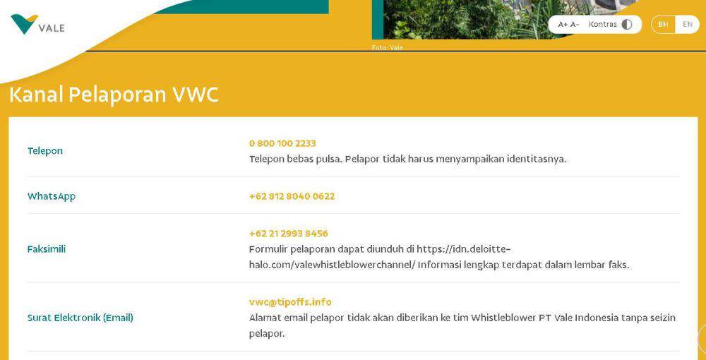 Skrinsut laman PT Vale yang menunjukkan kanal pelaporan Vale Whistleblower Channel yang dikelola secara independen. (Skrinsut web Vale.com)