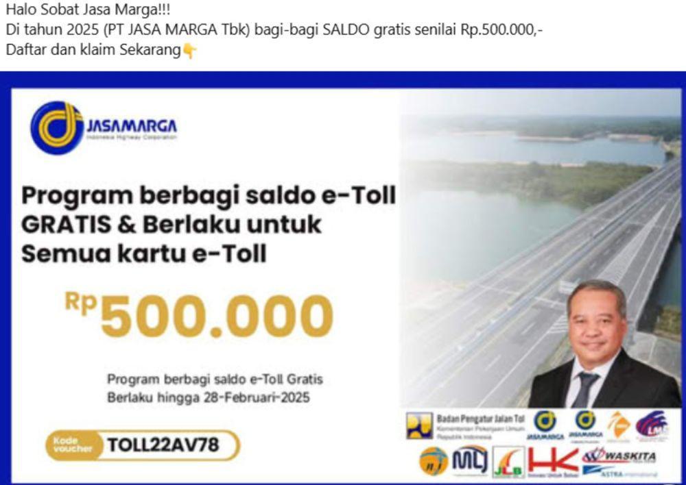 CEK FAKTA: Benarkah Jasa Marga Bagi-Bagi Saldo e-Toll Gratis?