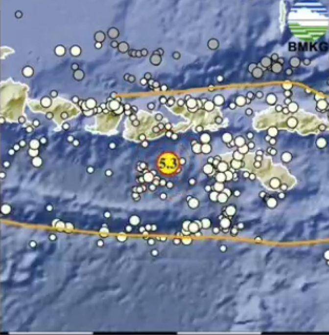 Episenter gempa bumi magnitudo 5,3 yang mengguncang wilayah NTB, Minggu (9/3/2025) siang. (dok. BMKG)