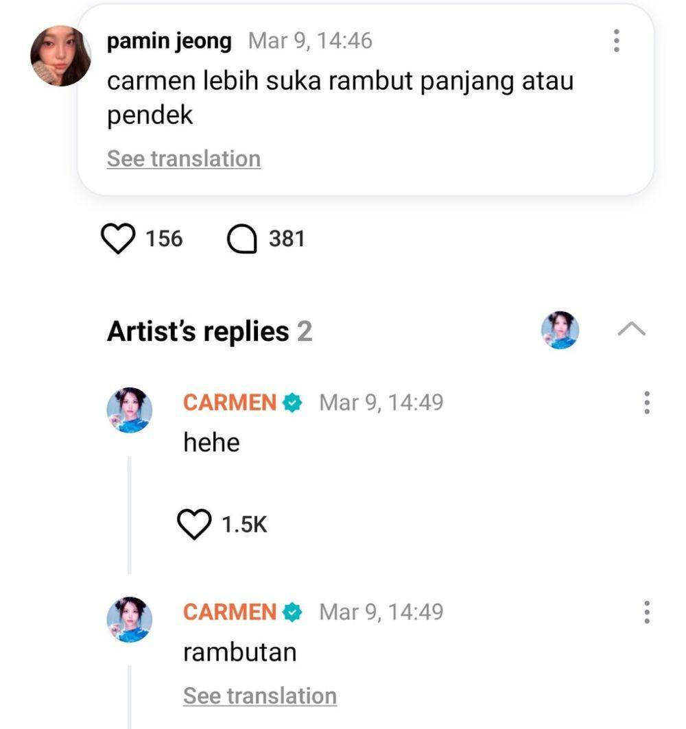 Carmen pilih rambutan saat ditanya rambut panjang atau pendek (x.com/starfess)