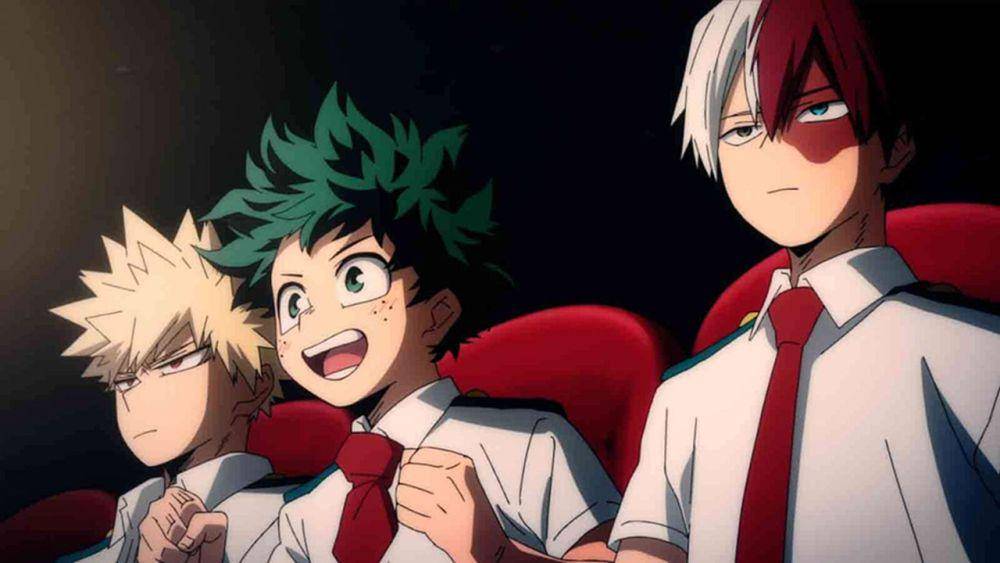 Deku, Bakugo, dan Todoroki nonton bareng (dok. Bones/My Hero Academia)
