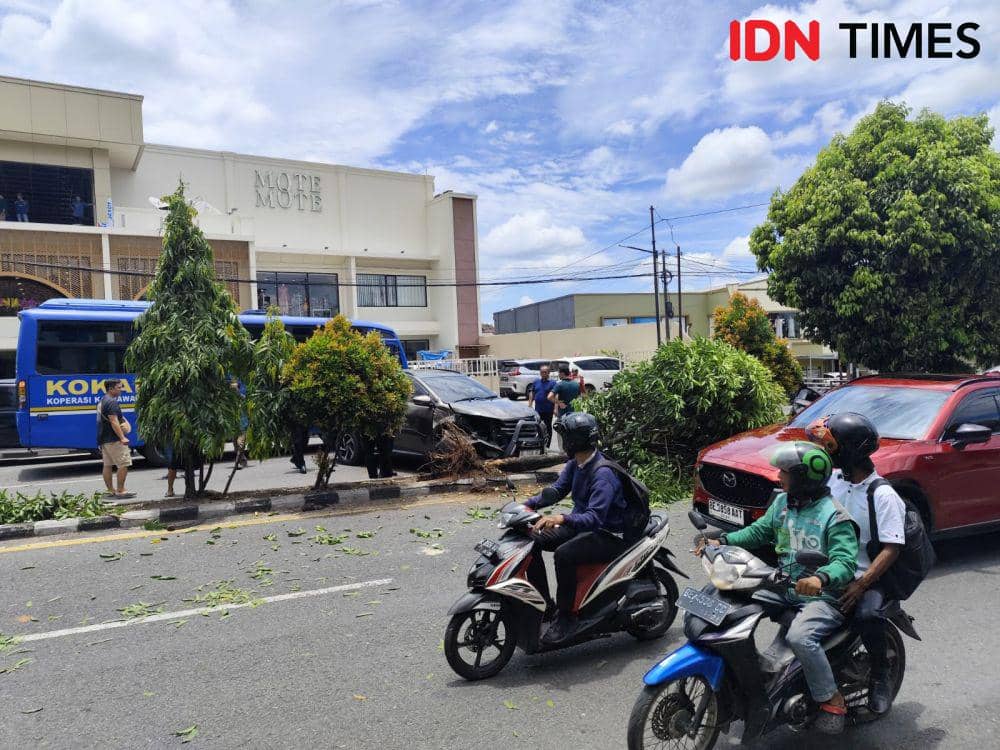 Mobil yang menabrak pohon di Bandar Lampung. (IDN Times/Muhaimin)