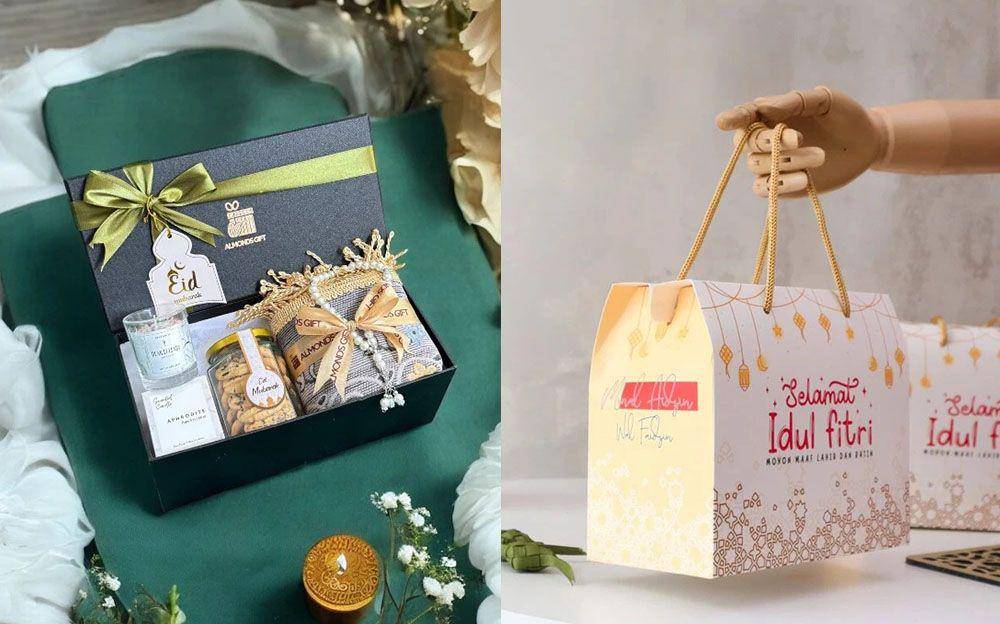 Ilustrasi box hampers Lebaran (kolase via Shoope/AlmondsGift & helenaa.id)