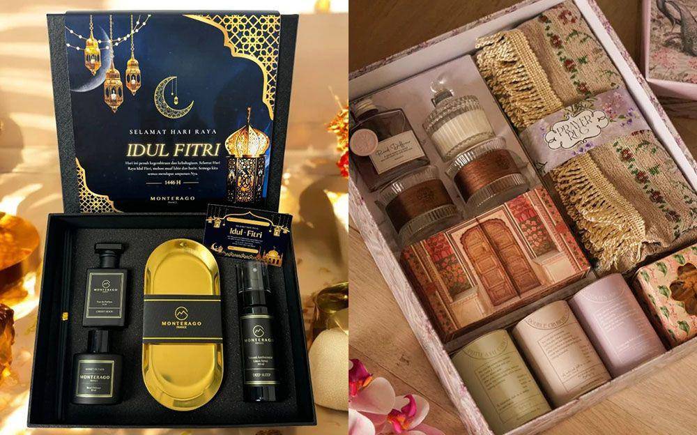 Ilustrasi isi hampers Lebaran (kolase via Shoope/Monterago Official & Hanamigifts)