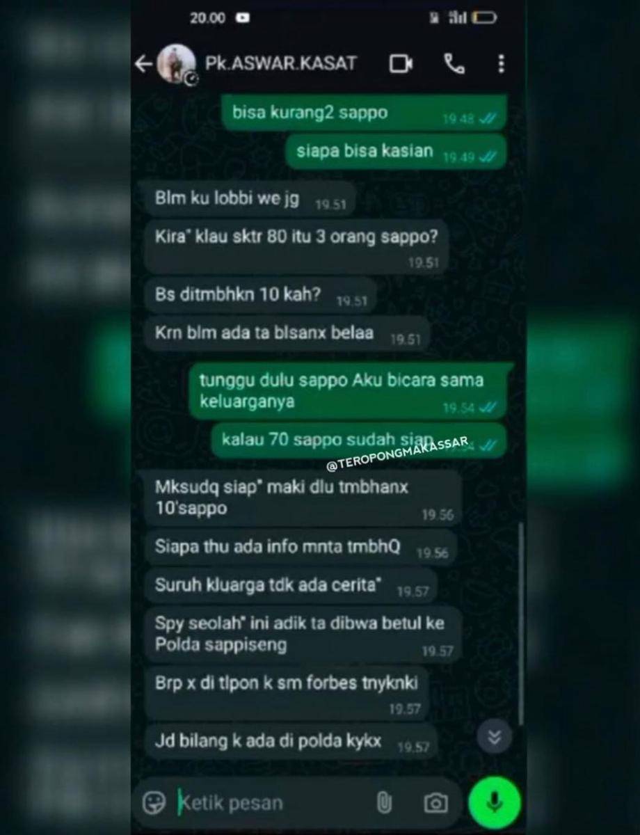 Tangkapan layar pesan WhatsApp diduga Kasat Narkoba Bone/Istimewa