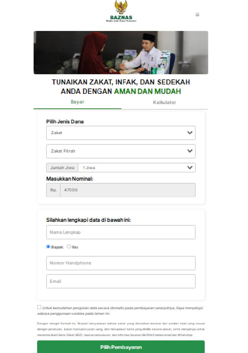 Ilustrasi tampilan situs BAZNAS yang menunjukkan langkah-langkah pembayaran zakat fitrah secara online (baznas.go.id)