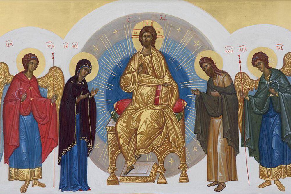 ilustrasi Yesus Kristus bertahta, dikelilingi oleh mandorla dan Bunda Maria yang Mahakudus, Santo Maria, Yohanes Pembaptis dan Malaikat Agung Mikhael dan Gabriel dalam penggambaran Ortodoks (commons.wikimedia.org/Bis-Serjetà)