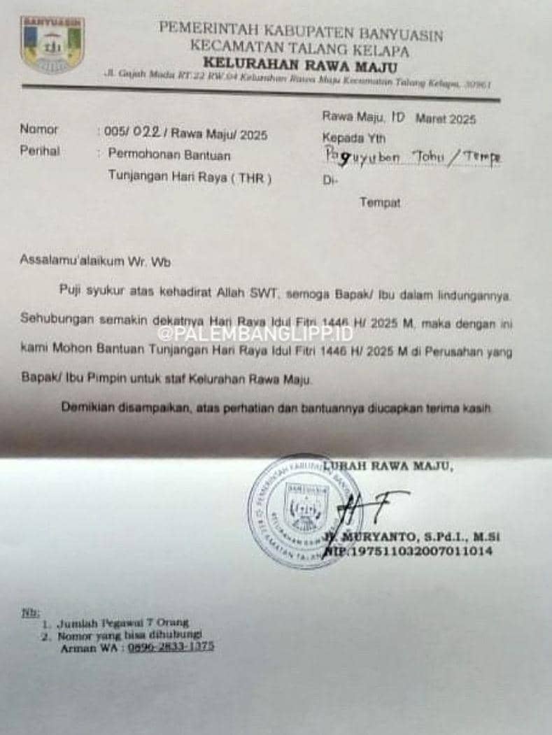 Surat permintaan THR yang tersebar di media sosial (Instagram/Palembanglipp.id)