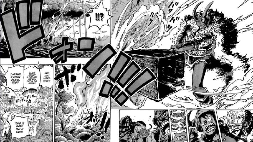 Loki menggunakan Ragnir untuk membakar Pohon Harta Adam. (dok. Viz Media/One Piece)