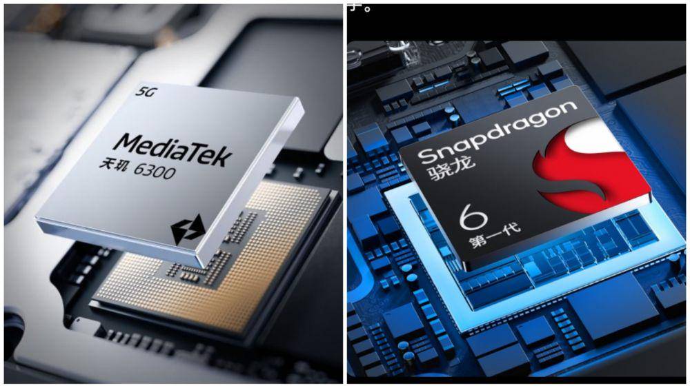 ilustrasi prosesor MediaTek Dimensity 6300 (kiri) dan Qualcomm Snapdragon 6 Gen 1 (kanan) (oppo.com)