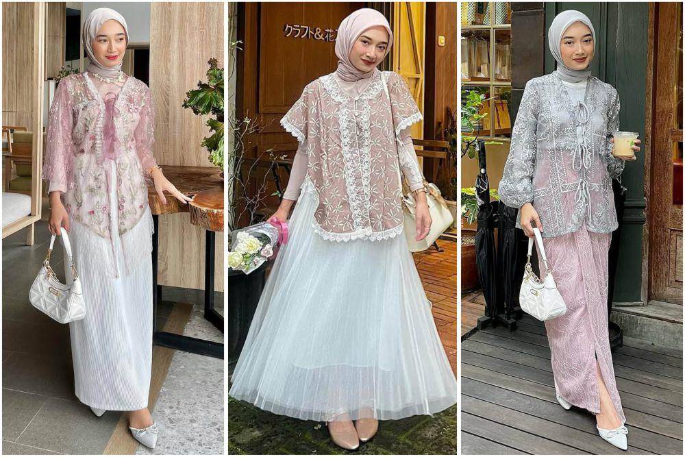 potret ide OOTD hijab serba outer brokat dan lace ala Annisa Berliana
