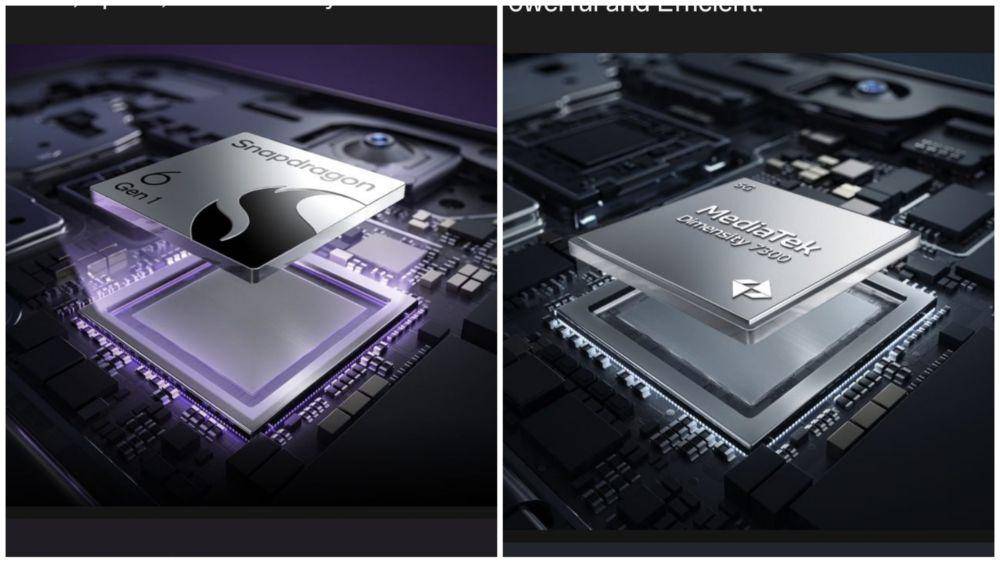 ilustrasi prosesor Qualcomm Snapdragon 6 Gen 1 (kiri) dan MediaTek Dimensity 7300 Energy (kanan) (oppo.com)