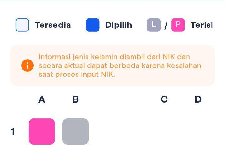 Tampilan fitur female seat map di KAI Access. (dok.KAIAccess)