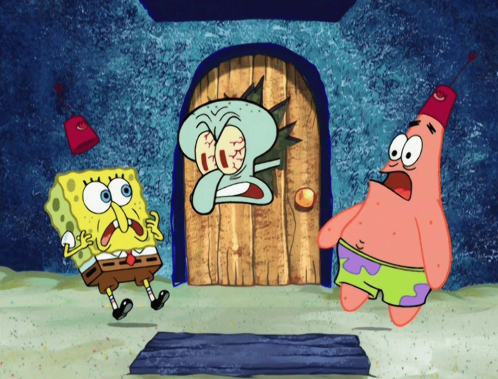 Squidward meneriaki kedua tetangganya (dok. Nickelodeon/SpongeBob SquarePants)