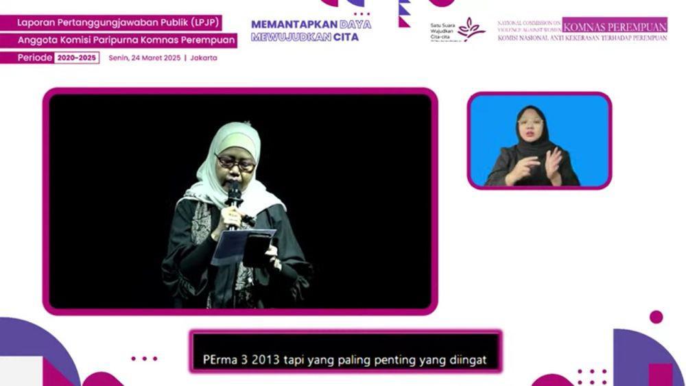 Satyawanti Mashudi menyampaikan refleksi dan capain (YouTube Komnas Perempuan)