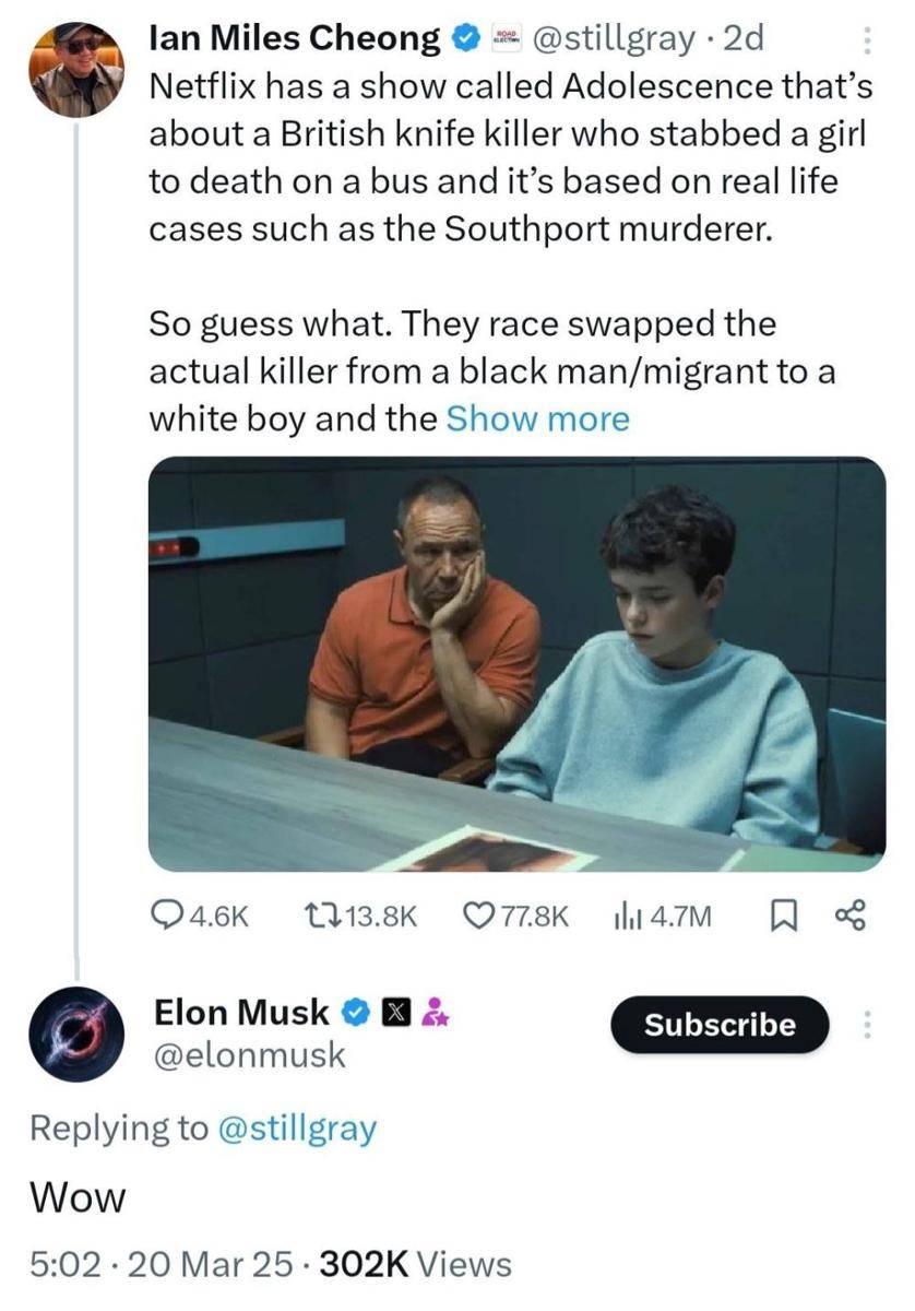 Elon Musk komentari misinformasi tentang Adolescence (dok. X.com/ElonMusk)