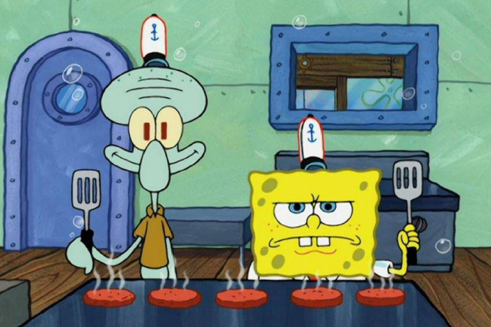 Squidward dan SpongeBob jadi juru masak goreng di krusty Krab. (dok. Nickelodeon/SpongeBob SquarePants)