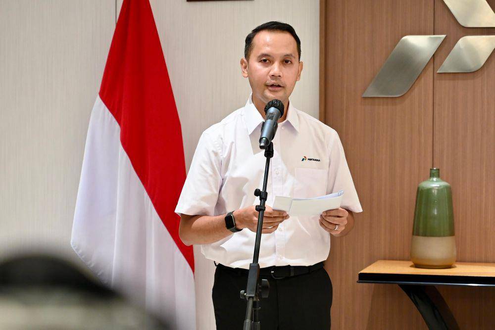 VP Corporate Communication Fadjar Djoko Santoso dalam konferensi pers yang berlangsung di Grha Pertamina, Jakarta Pusat, Kamis (27/5). (dok. Pertamina)