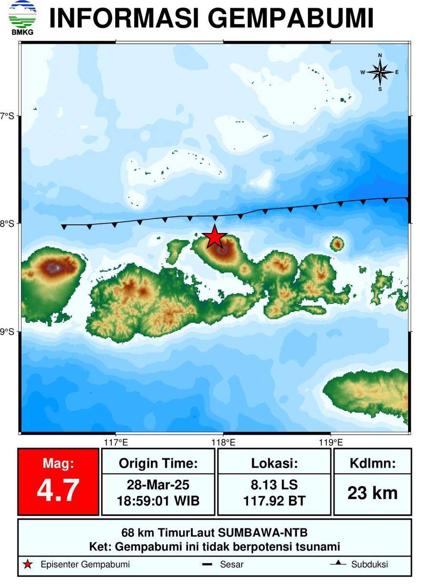 Pusat gempa yang mengguncang wilayah Sumbawa, Jumat (28/3/2025). (dok. BMKG)