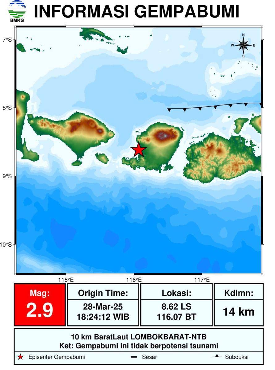 Pusat gempa yang mengguncang wilayah Mataram, Jumat (28/3/2025). (dok. BMKG)