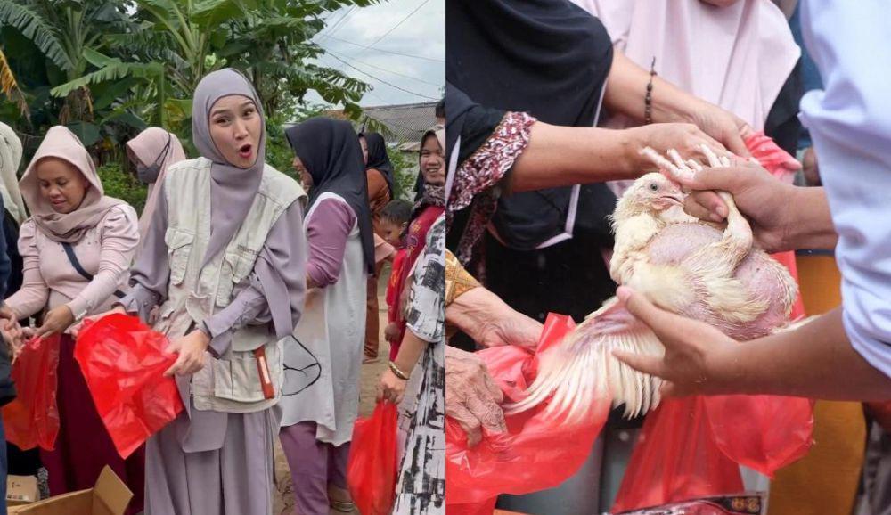 7 Potret Zaskia Adya Bagi-Bagi Ayam Hidup untuk Lebaran Janda Dhuafa