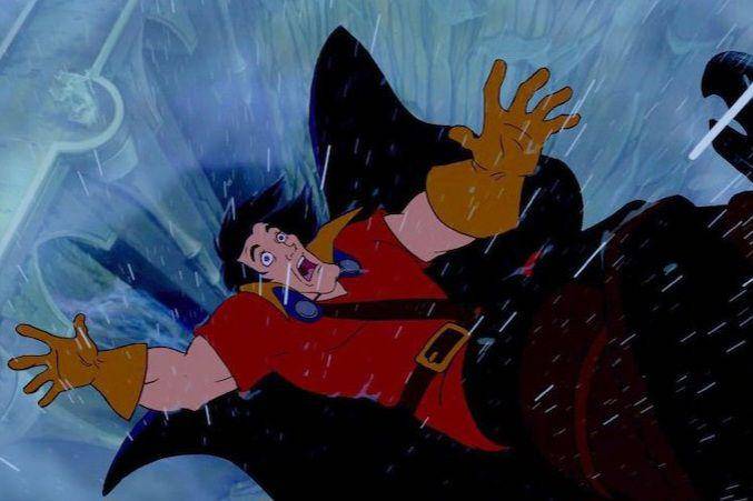 cuplikan adegan ketika Gaston jatuh dari menara dalam film animasi Beauty and the Beast (dok. Walt Disney Feature Animation/Beauty and the Beast)