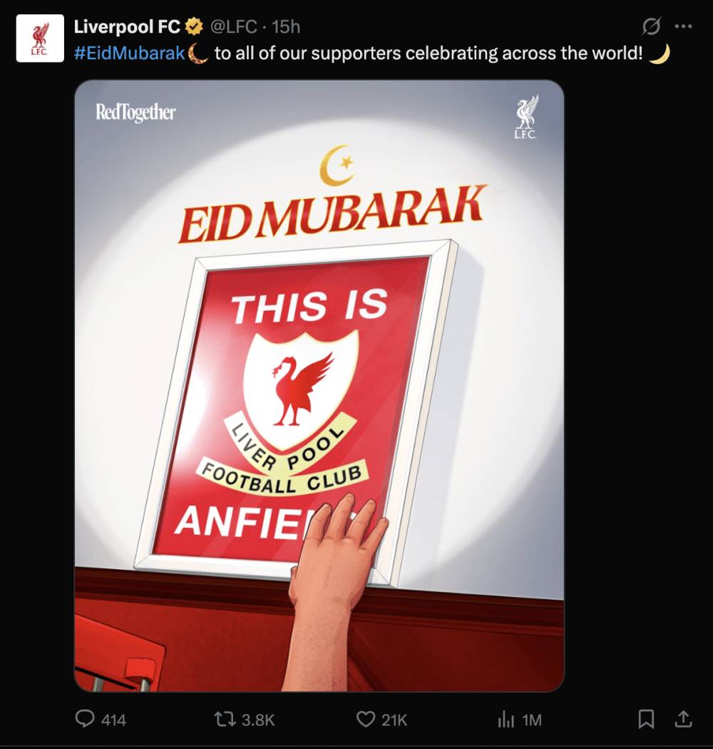 Ucapan selamat Hari Raya Idul Fitri dari Liverpool (X.com/LFC)