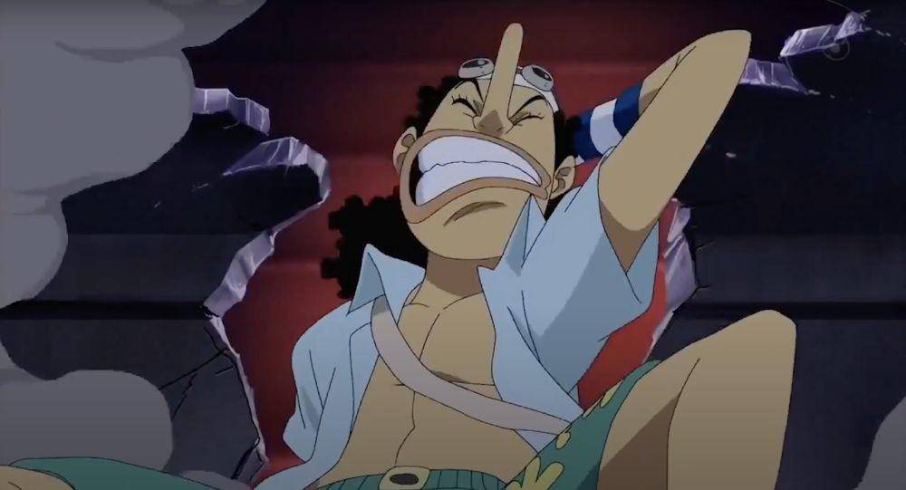 Usopp jatuh menimpa Tenryuubito (dok. Toei Animation/One Piece)