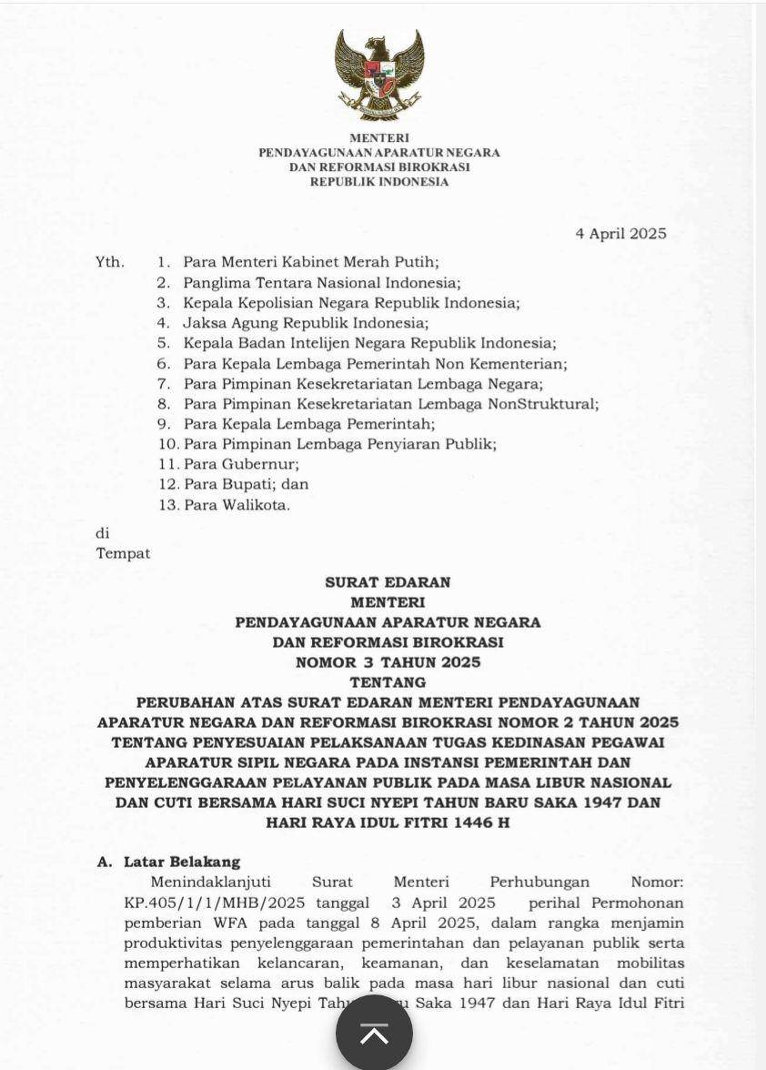 Surat Edaran Menpan RB soal penyesuaian pelayanan publik pada hari Idul Fitri. (Tangkapan layar dokumen SE Menpan RB)