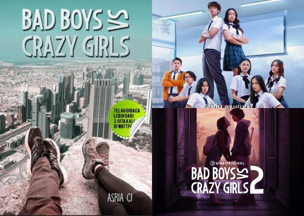 kolase sampul novel dan poster series Bad Boys vs Crazy Girls (goodreads.com | instagram.com/badboysvscrazygirls | instagram.com/megandomani1410)