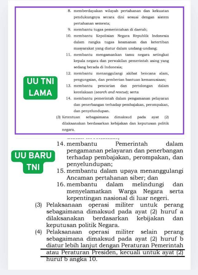 Perbandingan UU baru TNI dengan UU TNI tahun 2004 pasal 7. (Dokumen UU TNI)