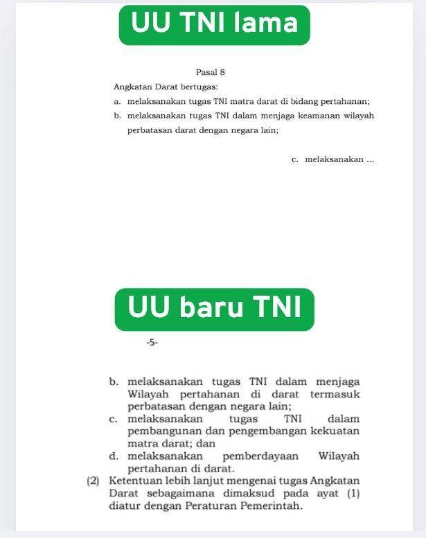Perbandingan UU baru TNI dengan UU TNI tahun 2004 pasal 8. (Dokumen UU TNI)